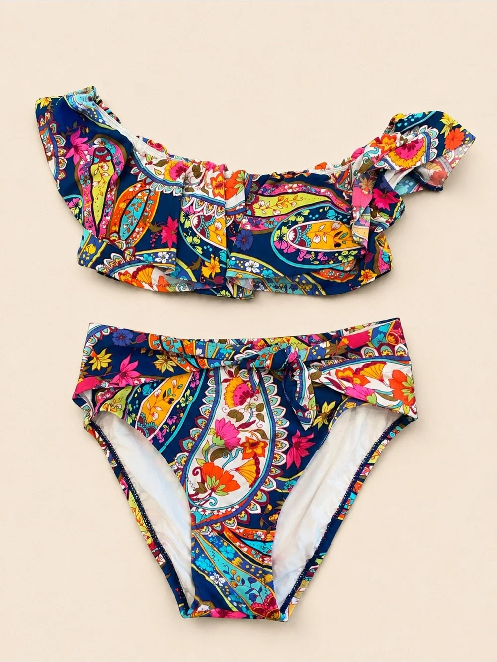 Trina Turk • Blue Paisley Off Shoulder Ruffle Top Bikini Set • Size 6/8